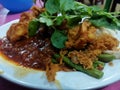 Lalapan is a traditional Indonesian food consisting of fried chicken, chili sauce, long beans and basil leaves. Royalty Free Stock Photo