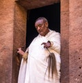 Lalibela, Ethiopia - Feb 13, 2020: Ethiopian people at the famous Rock-Hewn Church of Saint George - Bete Giyorgis Royalty Free Stock Photo