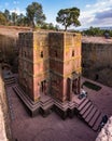 Lalibela, Ethiopia - Feb 13, 2020: Ethiopian people at the famous Rock-Hewn Church of Saint George - Bete Giyorgis Royalty Free Stock Photo