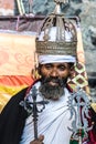 Lalibela, Ethiopia - Feb 14, 2020: Ethiopian priest at the famous Monastery Neakuto Leab near Lalibela in Ethiopia