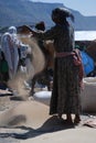 Lalibela, Wollo, Ethiopia, circa February 2007: Woman threshing teff Royalty Free Stock Photo