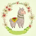 Lama animal with floral wreath in watercolor style. Cartoon character. Royalty Free Stock Photo