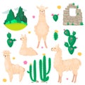 Lama and cactus set. Alpaca wool and llamas, succulents and Peru american valley with mountins vector illustration. Royalty Free Stock Photo