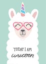 Lama cute unicorn illustration with inscripton Today i am unicorn