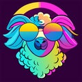 Lama head with sunglasses and rainbow colors. Vector illustration in cartoon style. generative AI Royalty Free Stock Photo