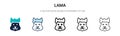 Lama icon in filled, thin line, outline and stroke style. Vector illustration of two colored and black lama vector icons designs Royalty Free Stock Photo