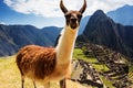 Lama at Machu Picchu, Incas ruins in the peruvian