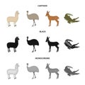 Lama, ostrich emu, young antelope, animal crocodile. Wild animal, bird, reptile set collection icons in cartoon,black