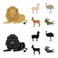 Lama, ostrich emu, young antelope, animal crocodile. Wild animal, bird, reptile set collection icons in cartoon,black