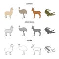 Lama, ostrich emu, young antelope, animal crocodile. Wild animal, bird, reptile set collection icons in cartoon,outline