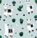 Lama pattern. Seamless texture with cartoon alpaca, cactus and mountains, funny abstract llama Scandinavian kids Royalty Free Stock Photo