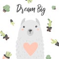 Lama postcard with dream big lettering quote, cactus, heart. Royalty Free Stock Photo