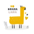 Lama postcard with no drama lettering quote, hearts.