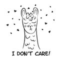 I don`t care cartoon of a lama with flies around, cool attitude, indifference, staying in peace, funny animal character, comic ske