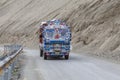 Truck on the high altitude Srinagar - Leh road in Lamayuru valley, state of Ladakh, Indian Himalayas, India Royalty Free Stock Photo