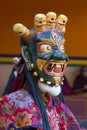 Buddhist lamas dressed in mystical mask dancing Tsam mystery dance in time of Yuru Kabgyat Buddhist festival at Lamayuru Gompa, La Royalty Free Stock Photo