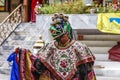 LAMAYURU, INDIA - SETEMBER 13, 2015: An unidentified buddhist lamas dressed in mystical mask dancing Tsam mystery dance in time of Royalty Free Stock Photo