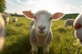 field sun lamb sheep meadow animal farm green grass wool. Generative AI.