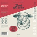 Lamb Bone Broth Label Template. Abstract Vector Food Packaging Design Layout. Hand Drawn Sheep Head Sketch Background