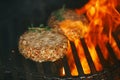 Lamb burgers spiced by lamb rub on bbq grill with flame