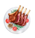 Lamb chopped in slices on a plate. Illustration watercolor