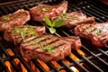 lamb chops garnished with mint sprigs on a grill