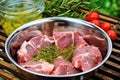lamb chops marinating in a bowl next to a grill Royalty Free Stock Photo