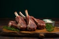 Lamb chops in their natural state, displayed on a rugged wooden board
