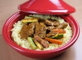 Lamb with couscous in tajine. Moroccan dish