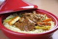 Lamb with couscous in tajine. Moroccan dish