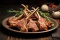 lamb cutlets on a ceramic dish with garlic cloves and rosemary twigs