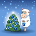 Lamb decorates a Christmas tree