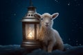 A lamb duo basks near a celestial blue lantern