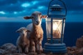 A lamb duo basks near a celestial blue lantern