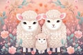 Lamb Family with Floral Background. Illustration of a sheep family among floral decorations in soft hues