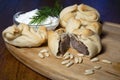 Lamb Fatayeers with pine nuts, yogurt and dill Royalty Free Stock Photo