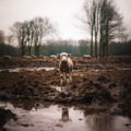 Lamb of God. Little lamb standing in the mud at the edge of the forest.