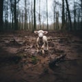 Lamb of God. Little lamb standing in the mud at the edge of the forest.