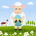 Lamb Holding a Easter Egg in a Meadow
