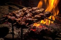 lamb kebabs cooking on an open flame, with glowing coals