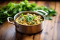 lamb korma in a brass pot, garnished with cilantro, on a wooden table