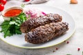 Lamb Lula kebab with greens and sliced red onion and tomato sause on grey concrete table Royalty Free Stock Photo