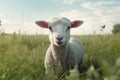 lamb meadow farm grass green field wool animal sheep sun. Generative AI. Royalty Free Stock Photo