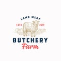 Lamb Meat Farm Retro Badge or Logo Template. Hand Drawn Sheep and Farm Landscape Sketch with Retro Typography. Vintage