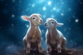 Lamb pair, illuminated by a starry blue backdrop and lantern