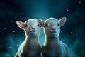 Lamb pair, illuminated by a starry blue backdrop and lantern