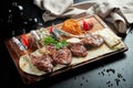 Lamb rack cooked on the grill with pita bread, bulgur and grilled vegetables on a wooden board. Turkish shashlik. Close up, Royalty Free Stock Photo