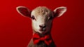 A lamb with a red bow tie on a red background Royalty Free Stock Photo