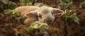 A lamb rests on the ground in a grassy field surrounded by natural landscape Royalty Free Stock Photo