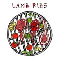 Lamb Ribs Chops with Herbs, Lemon, Tomato, Parsley, Thyme, Pepper. On a Round Grill BBQ. Meat Guide for Butcher Shop or Steak Hous